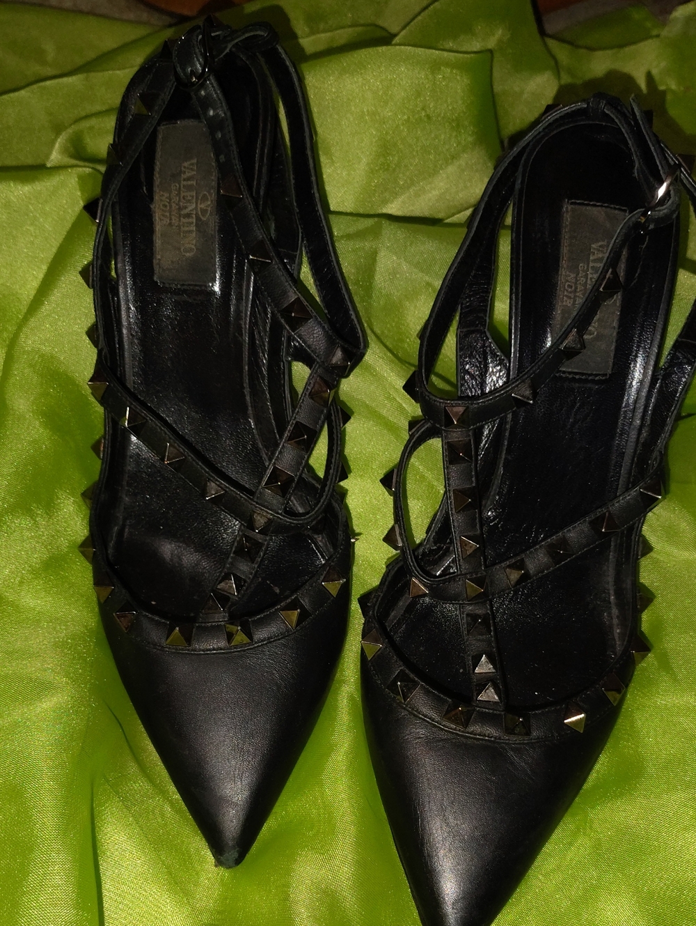 Valentino Garavani Black Pointed Studded Strappy Heels